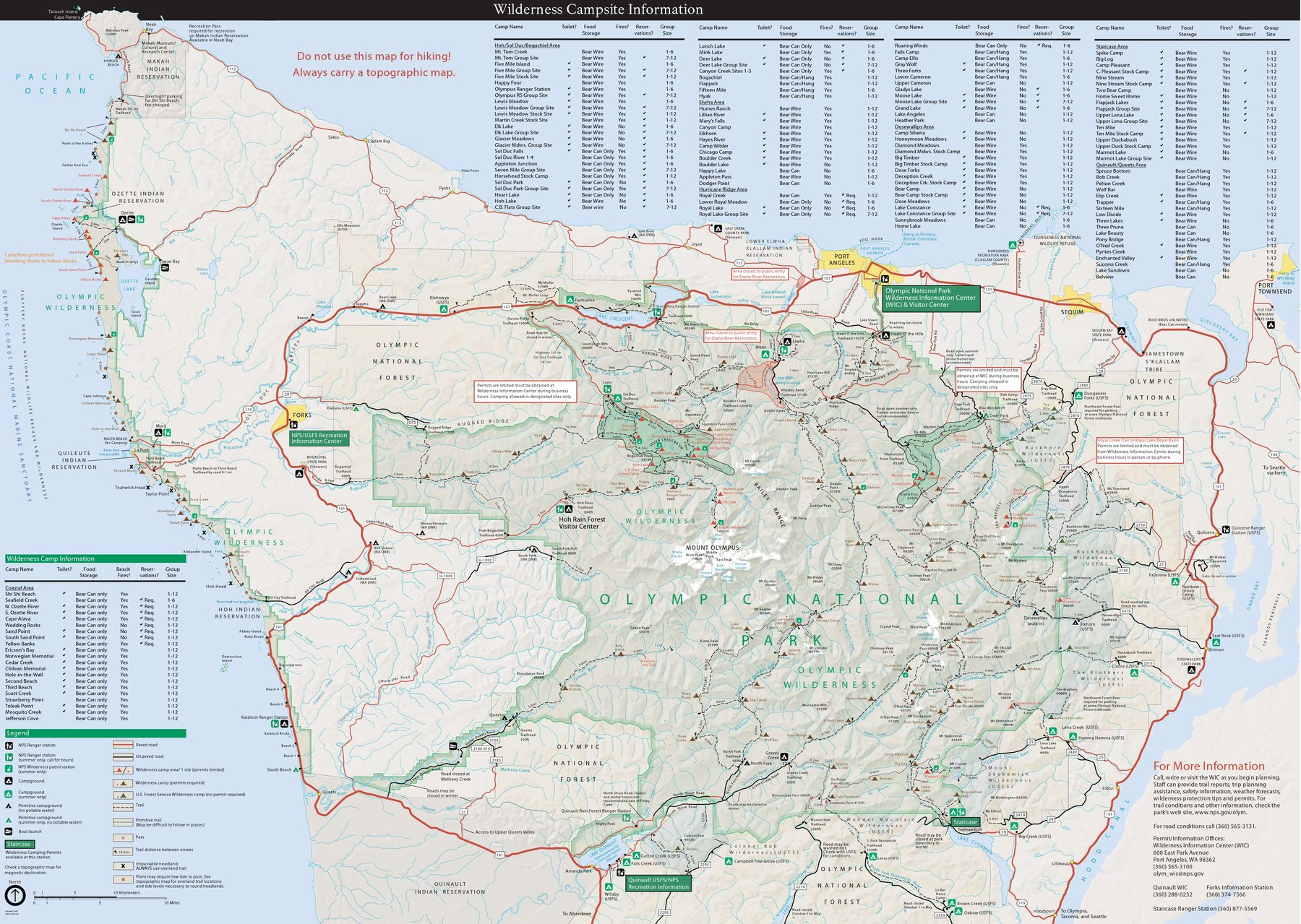 Official NPS Olympic National Park Wilderness Trip Planner Map showing all trails, campsites, and backcountry zones