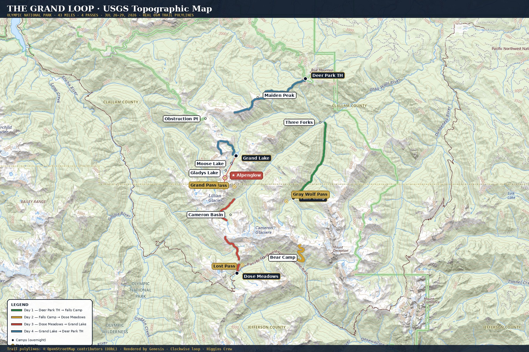 Grand Loop route on USGS National Map tiles with color-coded day segments and verified waypoint markers